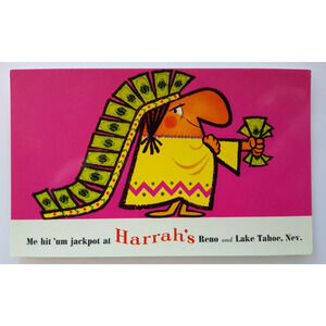 Harrahs Club Casino Postcard Money Chief With Cash Reno Lake Tahoe Nevada Chrome